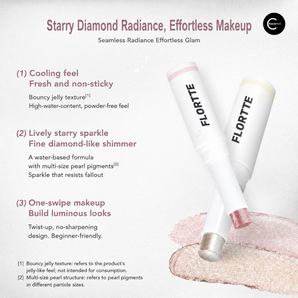 FLORTE white twist-up makeup sticks with pink and champagne shimmer tips beside swatches