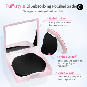 Pink oil-blotting puff compact with a built-in mirror and black puff
