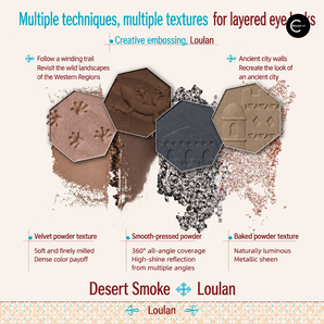 Four-shade eyeshadow palette graphic with embossed powder pans and Loulan-inspired artwork.