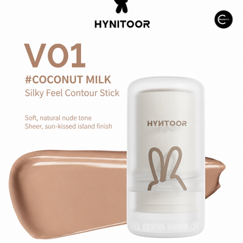 HYNITOOR V01 contour stick in Coconut Milk shade with a brown swatch, front view