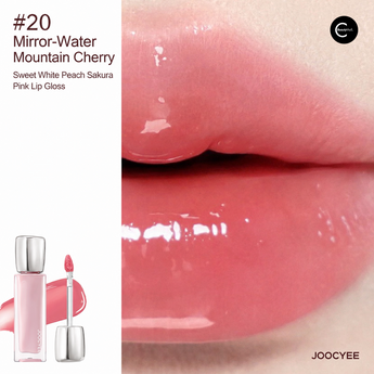 JOOCYEE #20 Mirror-Water Mountain Cherry lip gloss shade swatch with applicator and pink lip close-up