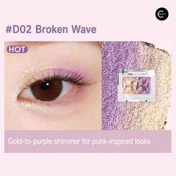 JUDYDOLL D02 purple-and-gold shimmer eyeshadow compact, swatch, and eye makeup result