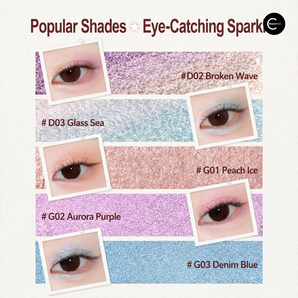 Glitter eye makeup shade chart showing D02, D03, G01, G02, and G03 eye looks
