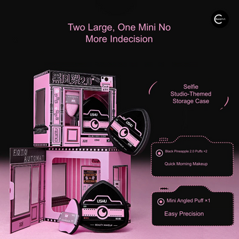 LISHU Black Pineapple 2.0 makeup puff set with two large puffs and one mini angled-head puff