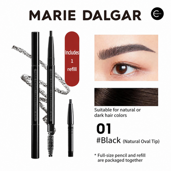 MARIE DALGAR eyebrow pencil in shade 01 Black with refill, spoolie, brow swatch, and eye result