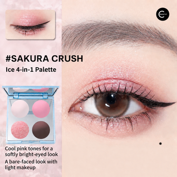 Four-shade pink eyeshadow compact with a cool pink eye look