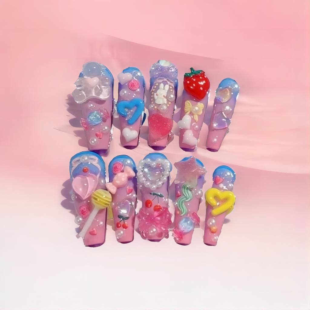 Whimsical Pink Delight - Hand-Painted Press-On Nail