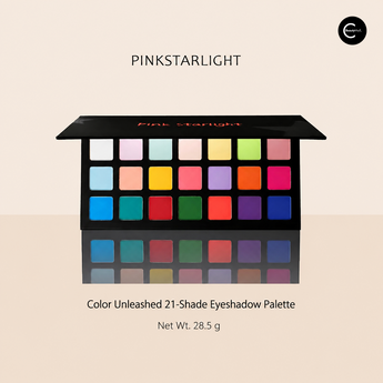 PINKSTARLIGHT 21-shade eyeshadow palette, open front view with multicolor pans, net wt. 28.5 g