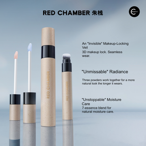 RED CHAMBER complexion makeup products with peach and blue doe-foot applicators and a built-in brush