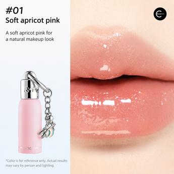 Romantic Beauty #01 soft apricot pink lip product with glossy lip swatch