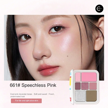 SPENNY 661# Speechless Pink makeup palette beside a model wearing pink eye and cheek makeup.