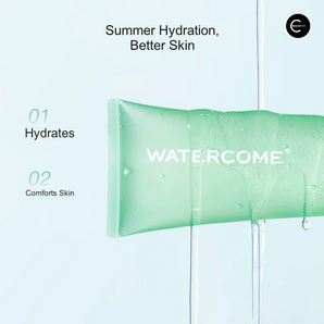 WATE.RCOME green aloe gel tube with water droplets on a light blue background